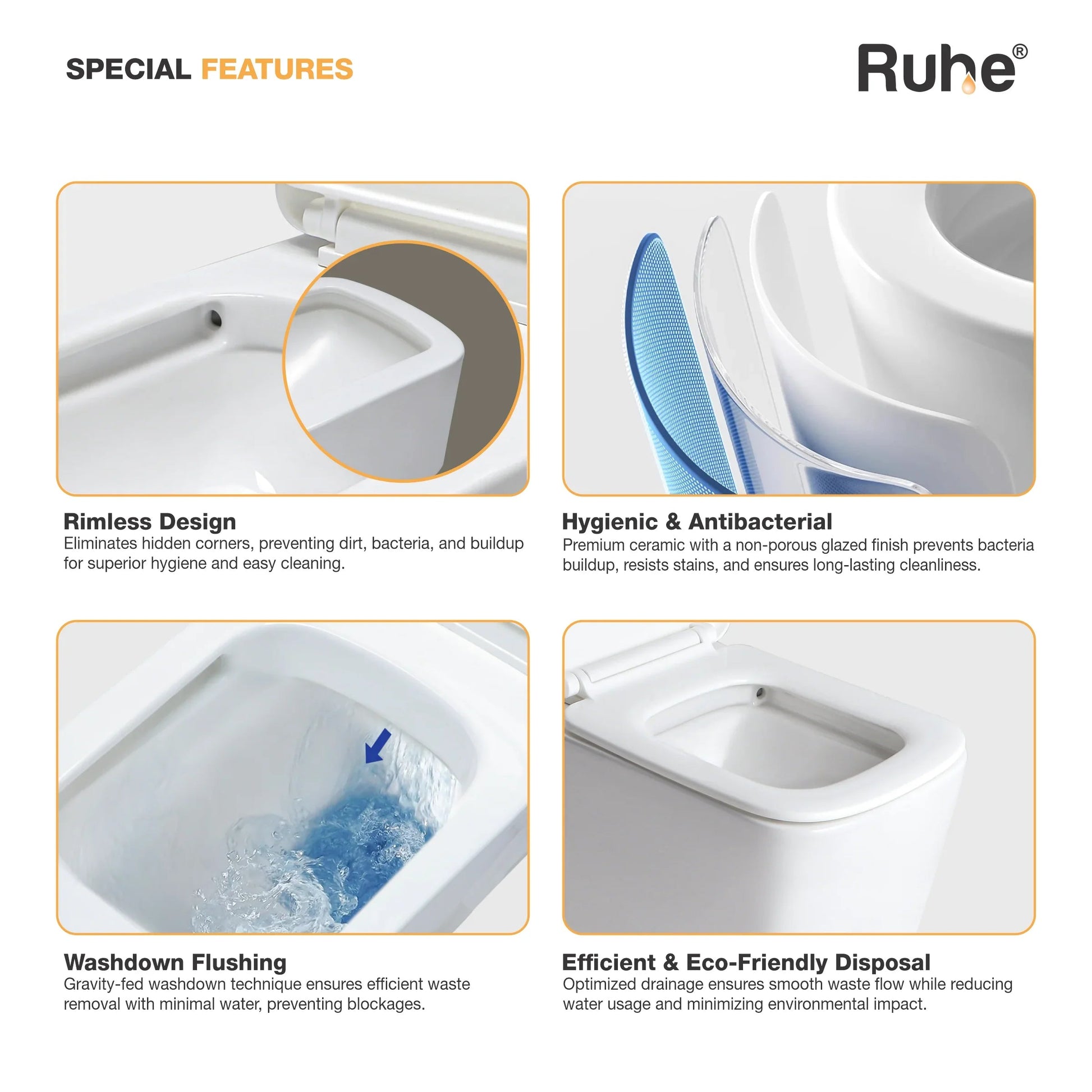 Arna Wall-Hung Western Commode, rimless 