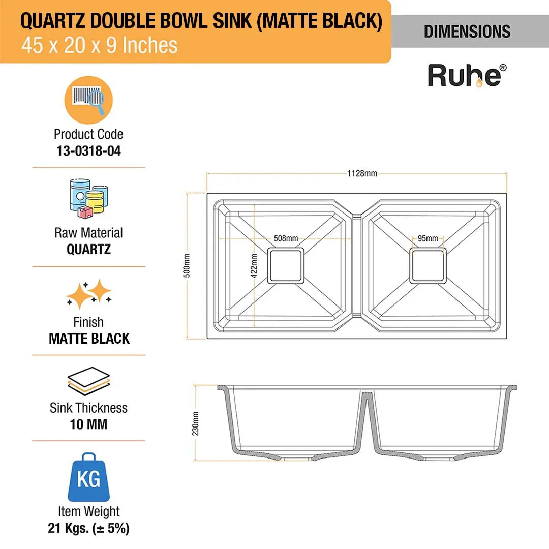 Quartz Double Bowl Black Kitchen Sink (45 x 20 x 9 inches)