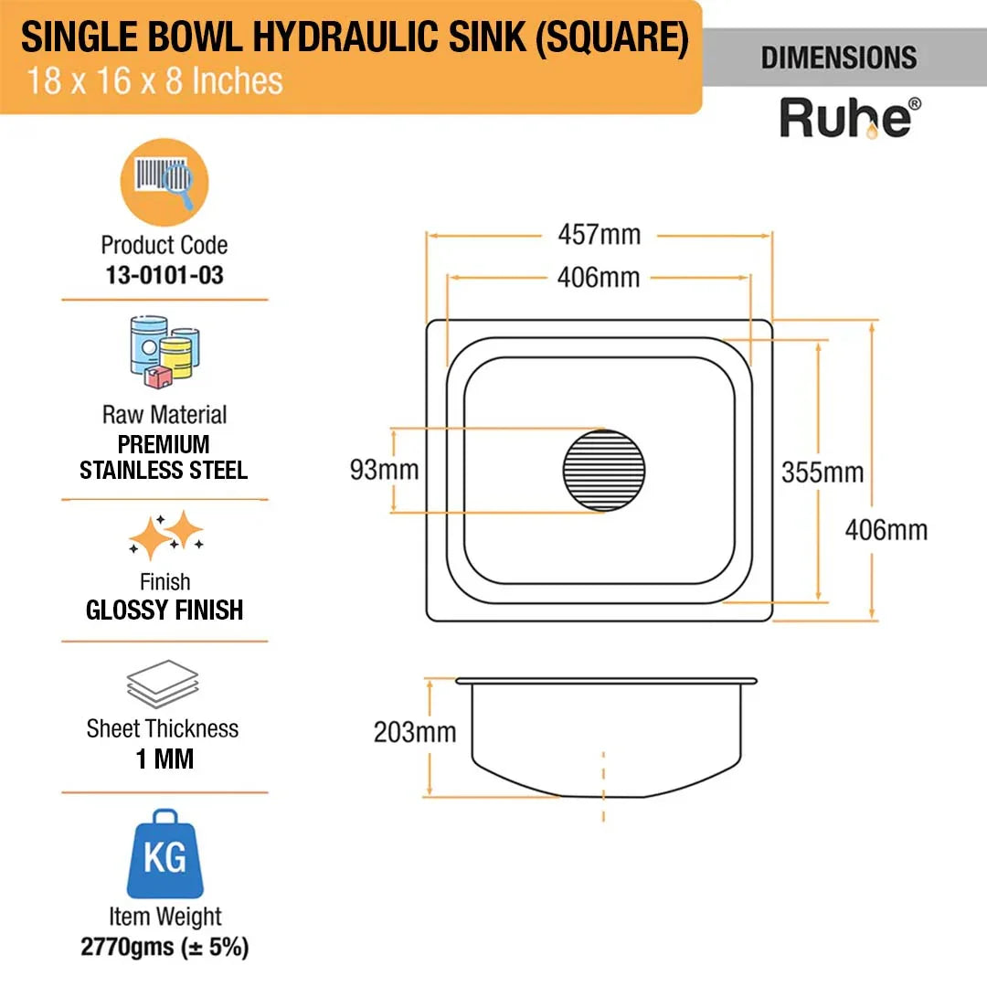 Single Bowl Kitchen Sink (18 x 16 x 8 Inches)(Dimension)