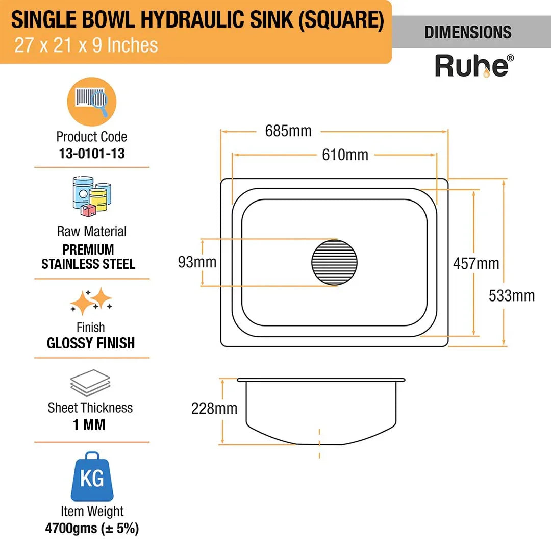 Single Bowl Kitchen Sink (27 x 21 x 9 Inches)(Dimension)
