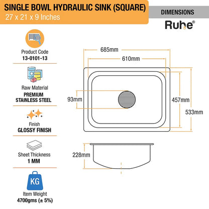 Single Bowl Kitchen Sink (27 x 21 x 9 Inches)(Dimension)