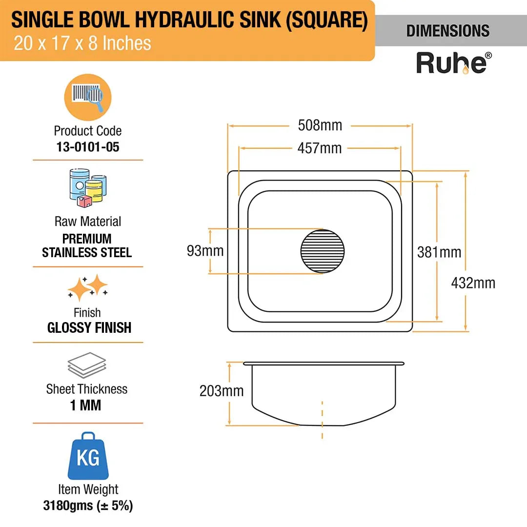 Single Bowl Kitchen Sink (20 x 17 x 8 Inches)(Dimension)