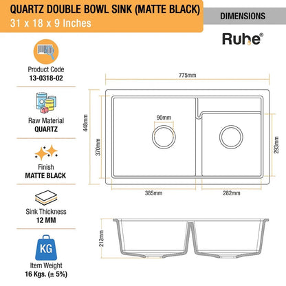 Quartz Double Bowl Kitchen Sink (31 x 18 x 9 Inches)