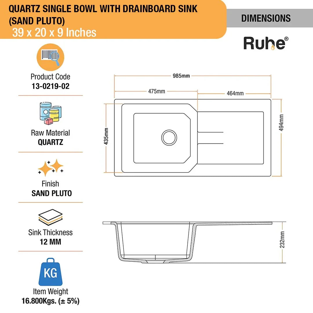 Sand Pluto Quartz Single Bowl with Drainboard Kitchen Sink (39 x 20 x 9 inches)