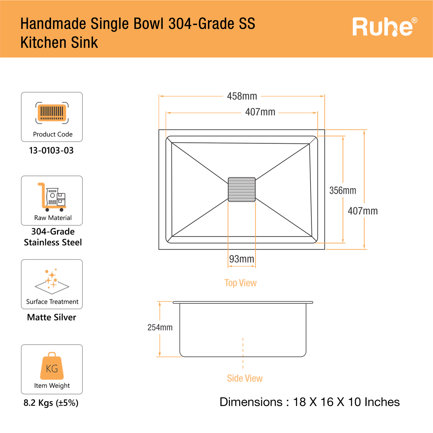 Handmade Single Bowl Kitchen Sink (18 x 16 x 10 Inches)(Dimensions)