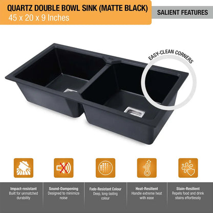 Quartz Double Bowl Black Kitchen Sink (45 x 20 x 9 inches)