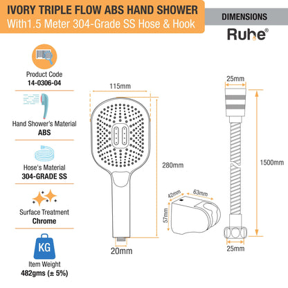 Ivory Triple Flow ABS Hand Shower with 1.5 Meter 304-grade SS Hose & Hook