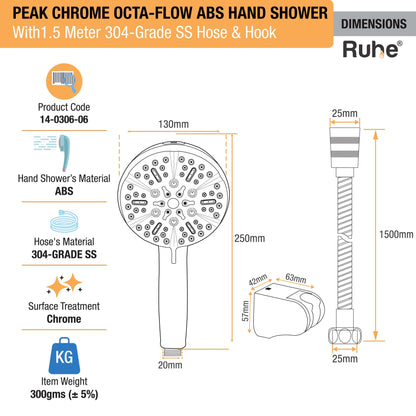 Peak Multiflow Hand Shower with 304-grade SS Hose & Hook