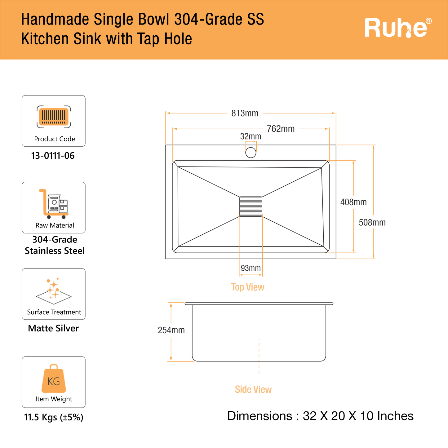 Handmade Single Bowl with Tap Hole Kitchen Sink (32 x 20 x 10 Inches) (Dimensions)