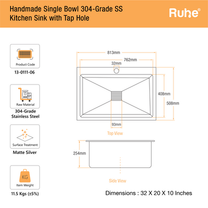 Handmade Single Bowl with Tap Hole Kitchen Sink (32 x 20 x 10 Inches) (Dimensions)