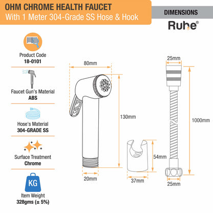 OHM Chrome Health Faucet with 304-Grade SS Hose & Hook