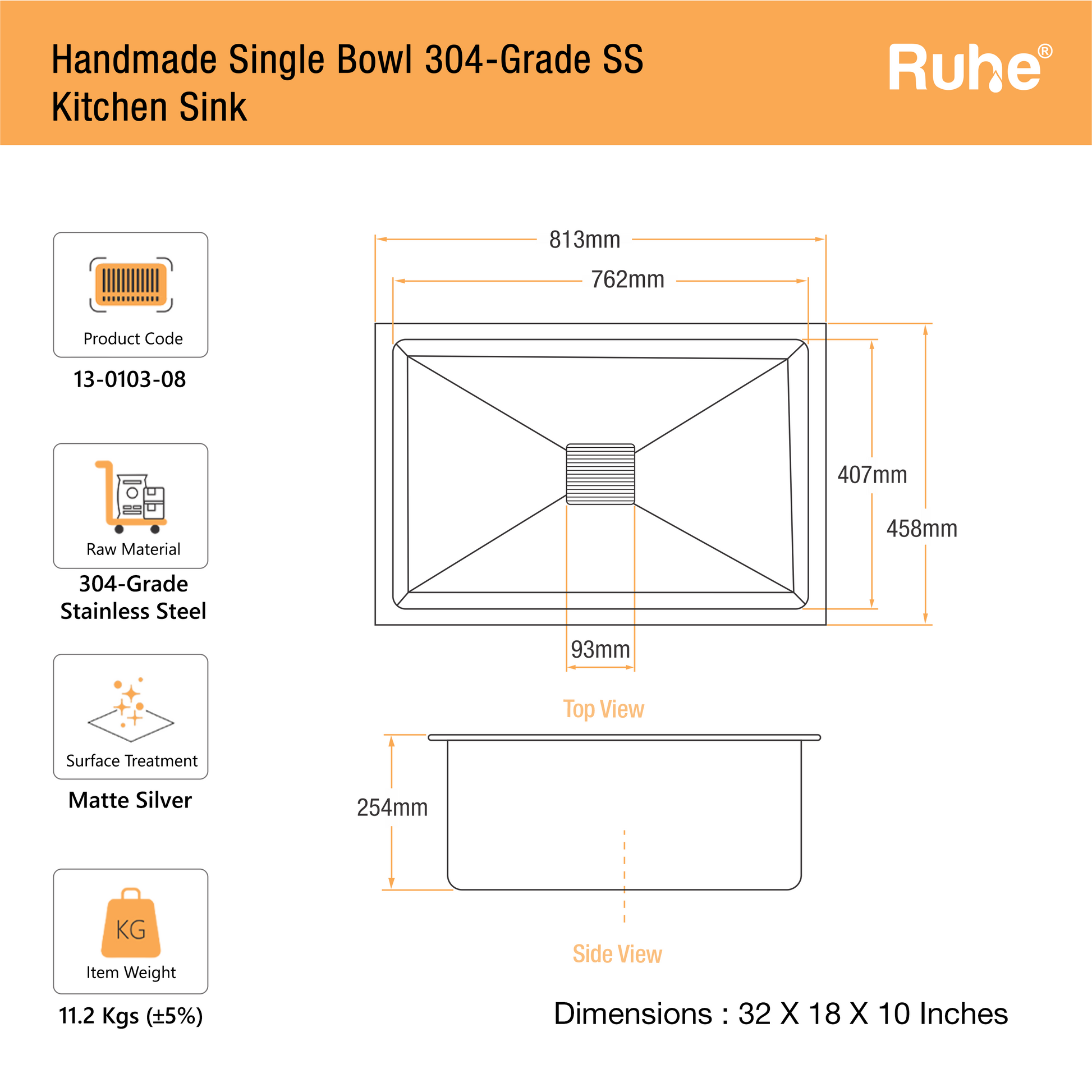 Handmade Single Bowl Kitchen Sink (32 x 18 x 10 Inches)(Dimensions)