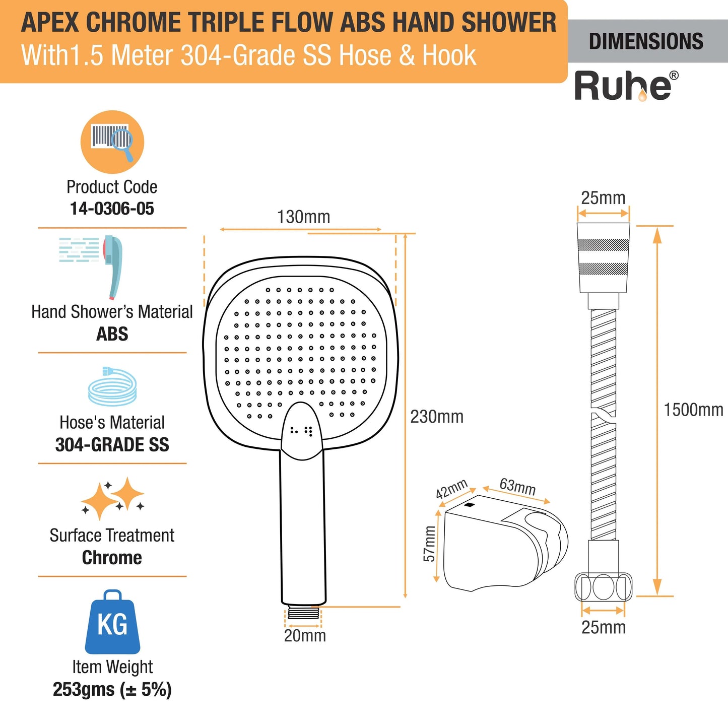 Apex Multiflow Hand Shower with 304-grade SS Hose & Hook