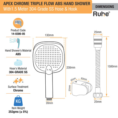 Apex Multiflow Hand Shower with 304-grade SS Hose & Hook