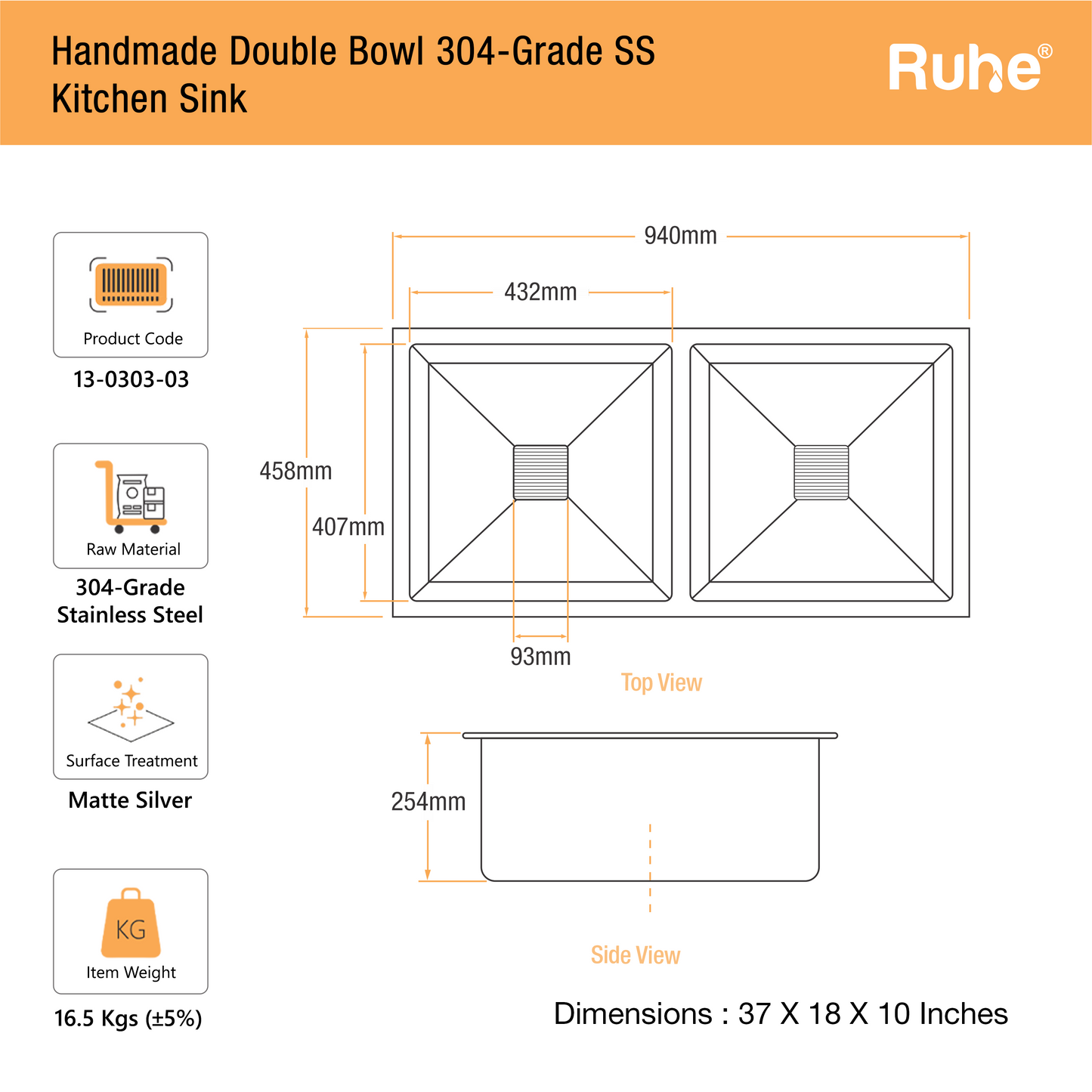 Handmade Double Bowl Kitchen Sink (37 x 18 x 10 Inches)