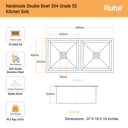 Handmade Double Bowl Kitchen Sink (37 x 18 x 10 Inches)