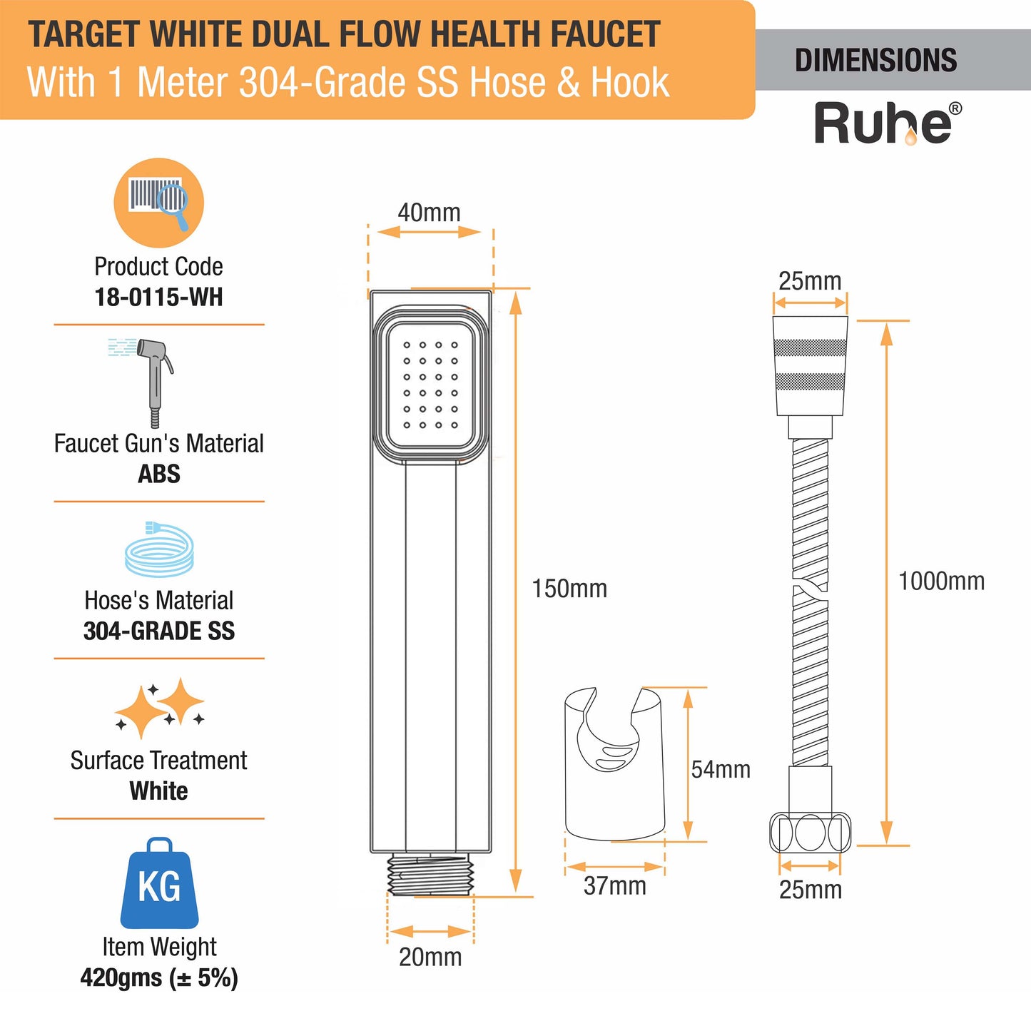 Target Health Faucet with Dual Flow and 1 Meter 304-Grade SS Hose & Hook
