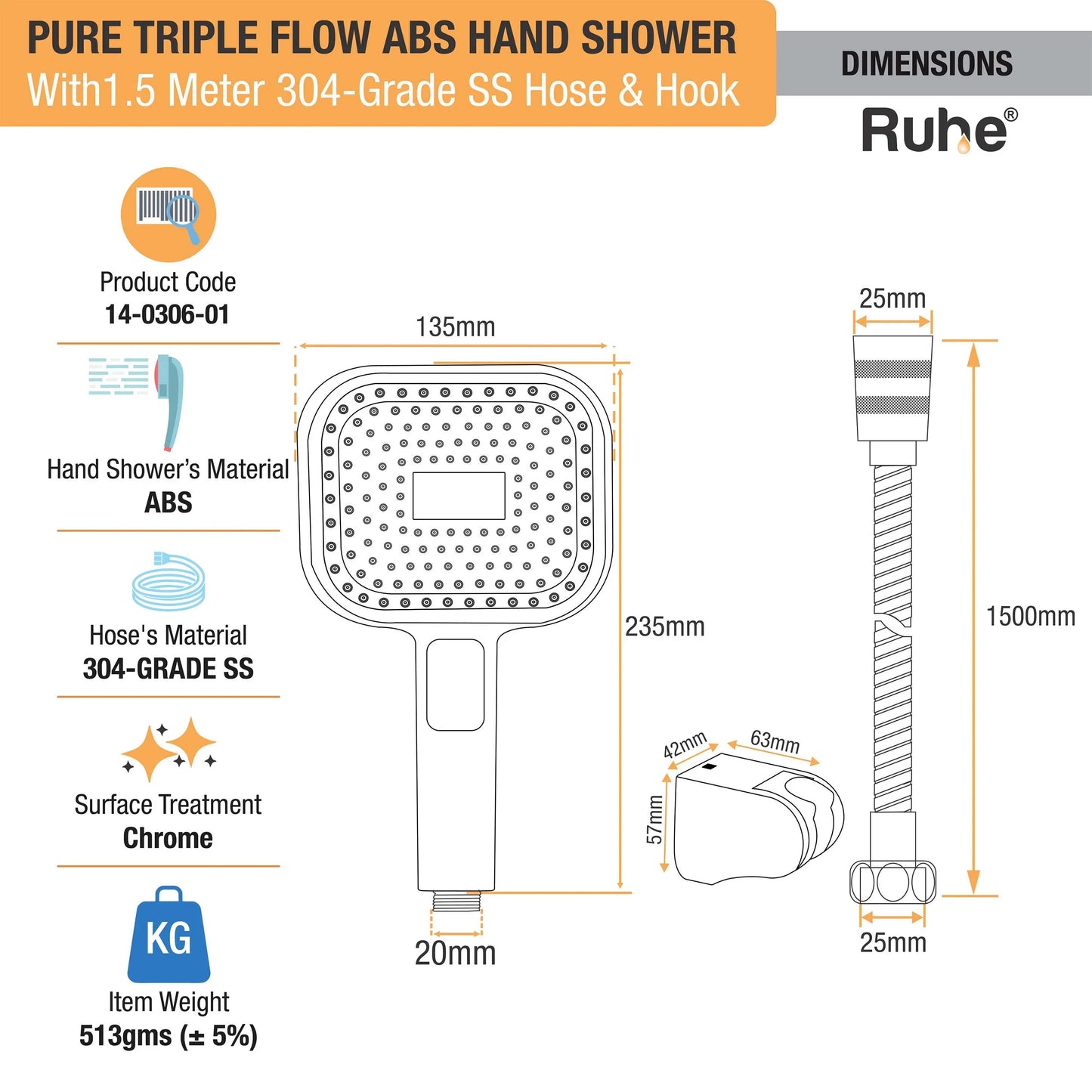 Pure Triple Flow ABS Hand Shower with 1.5 Meter 304-grade SS Hose & Hook