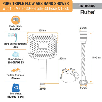 Pure Triple Flow ABS Hand Shower with 1.5 Meter 304-grade SS Hose & Hook