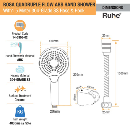 Rosa Quadruple Flow ABS Hand Shower with 1.5 Meter 304-grade SS Hose & Hook