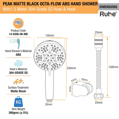 Peak Multiflow Hand Shower with 304-grade SS Hose & Hook