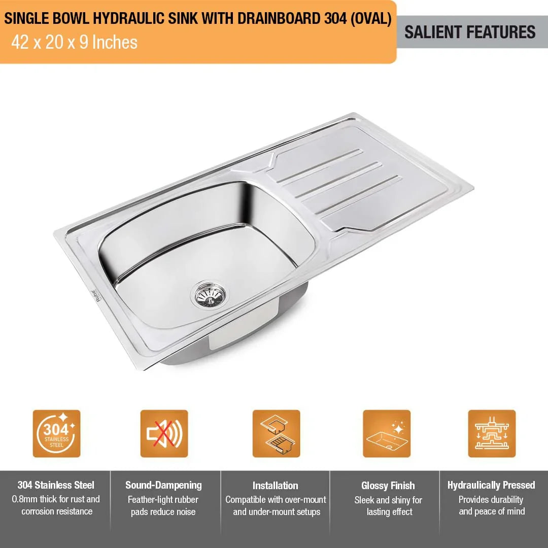 Oval Single Bowl with Drainboard Kitchen Sink (42 x 20 x 9 Inches) (Features)