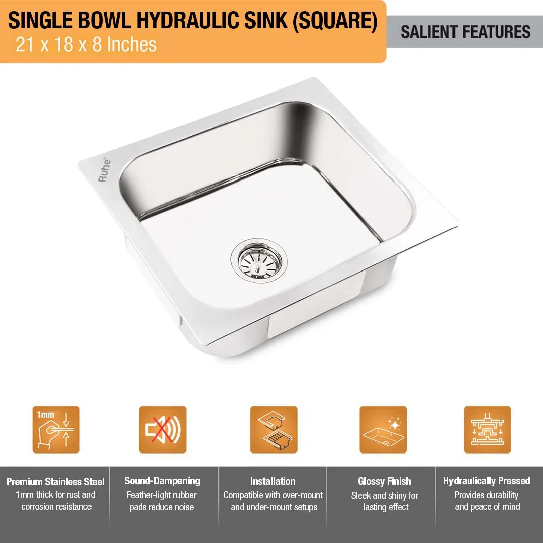 Single Bowl Kitchen Sink (21 x 18 x 8 Inches)(Salient Features)