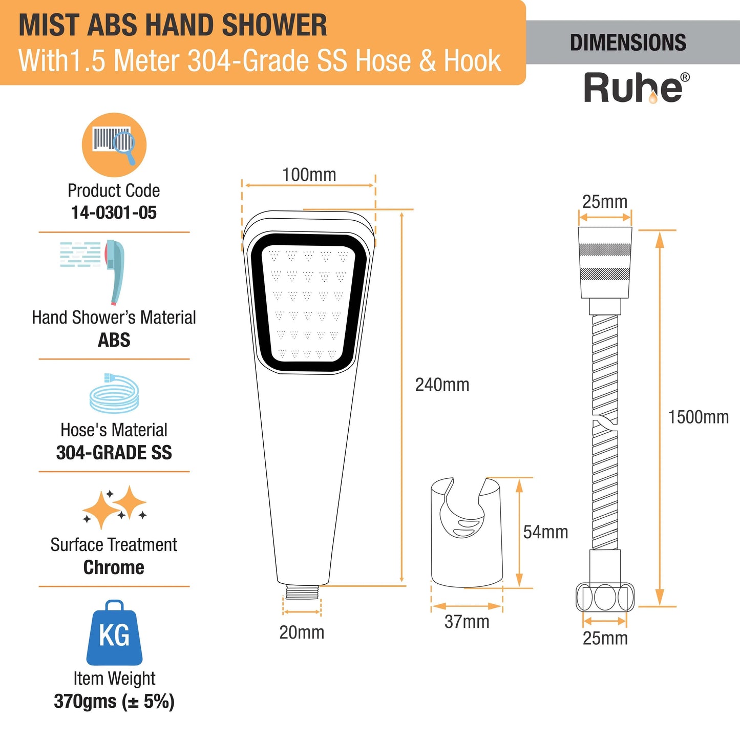 Mist ABS Hand Shower with 1.5 Meter 304-grade SS Hose & Hook