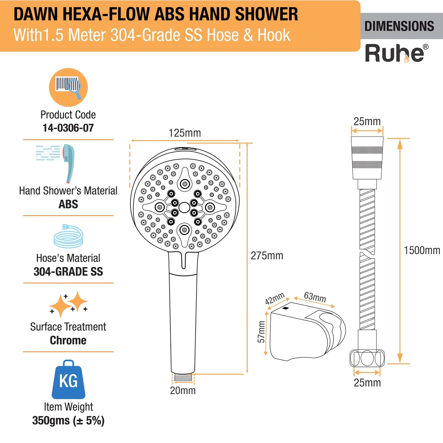 Dawn Multiflow Filter Hand Shower with 304-grade SS Hose & Hook
