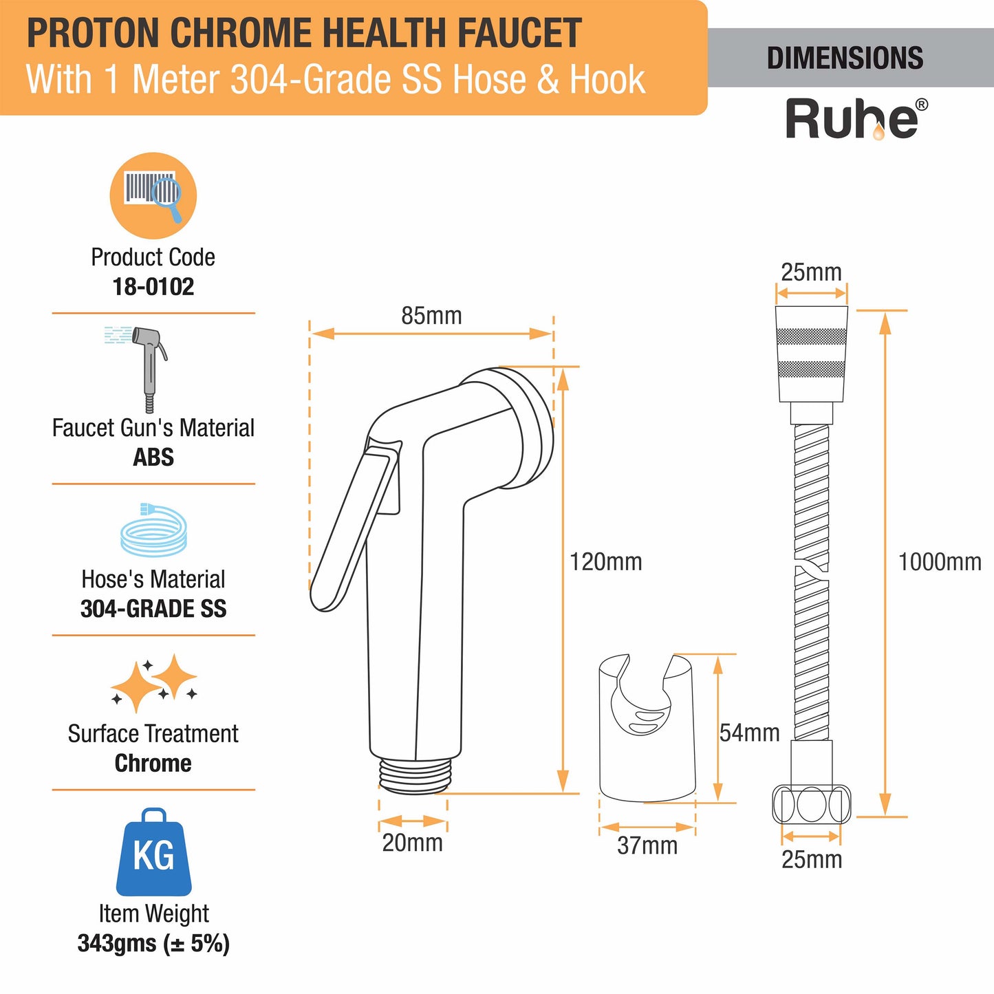 Proton Chrome Health Faucet with 304-Grade SS Hose & Hook