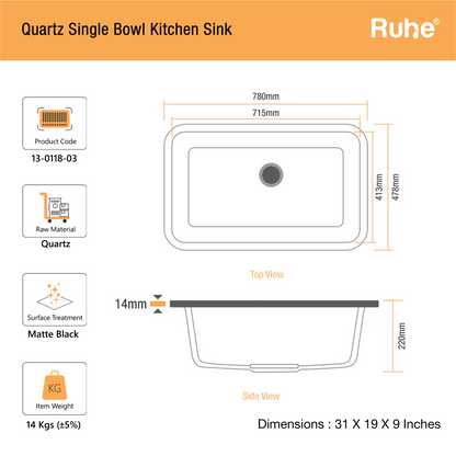 Black Quartz Single Bowl Kitchen Sink (31 x 19 x 9 Inches) (Dimensions)