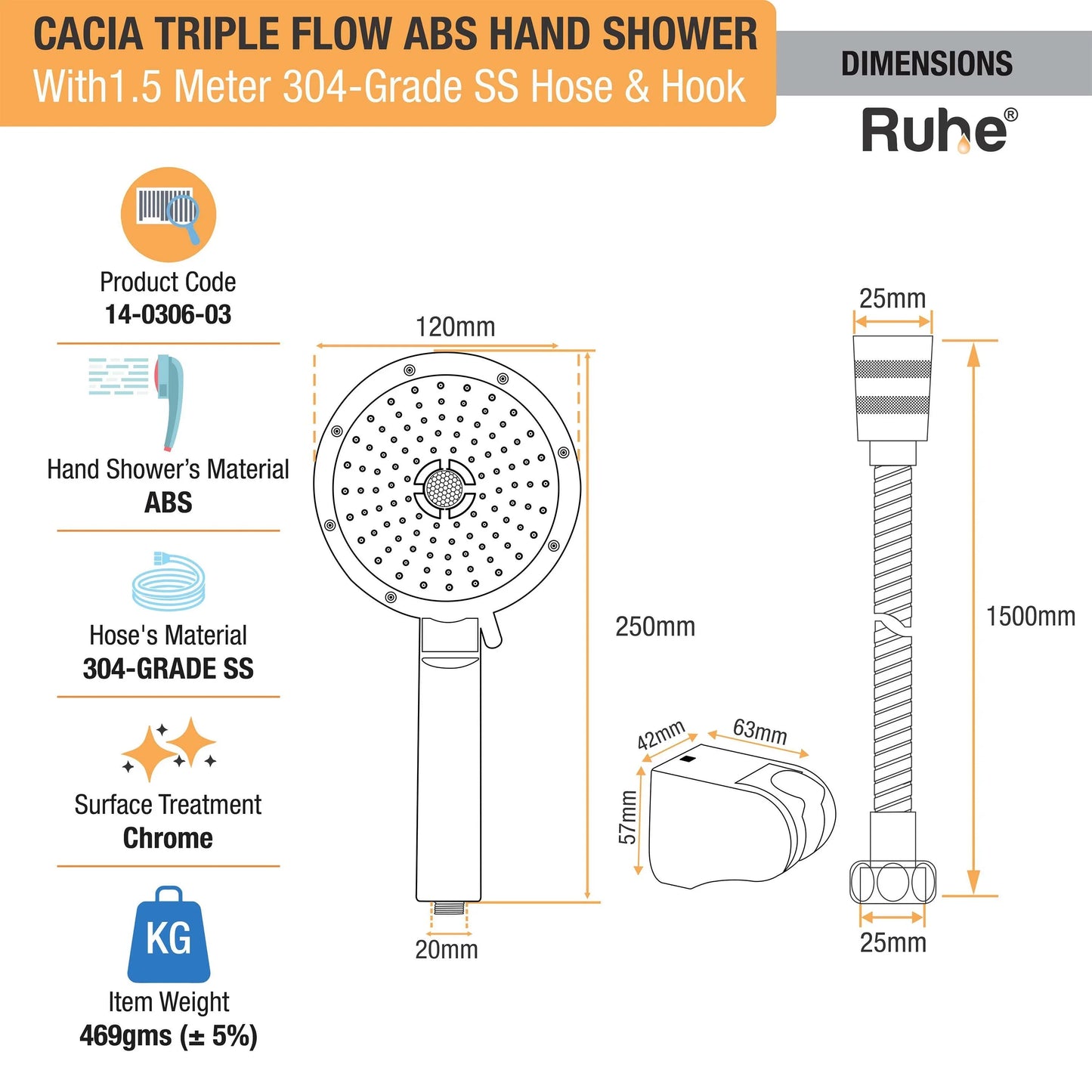 Cacia Triple Flow ABS Hand Shower with 1.5 Meter 304-grade SS Hose & Hook