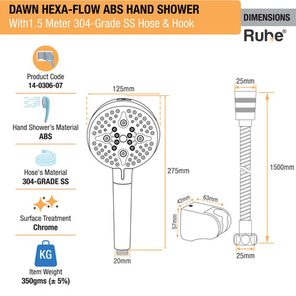 Dawn Hexa-Flow ABS Filter Hand Shower with 1.5 Meter 304-grade SS Hose & Hook