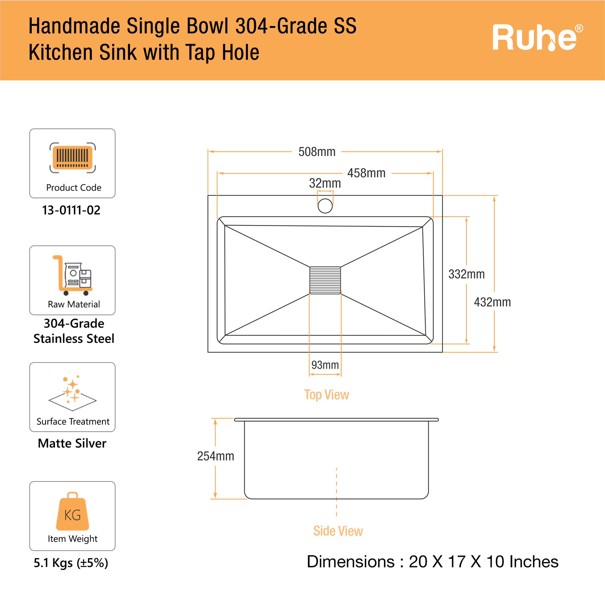 Handmade Single Bowl with Tap Hole Kitchen Sink (20 x 17 x 10 Inches) (Dimensions)