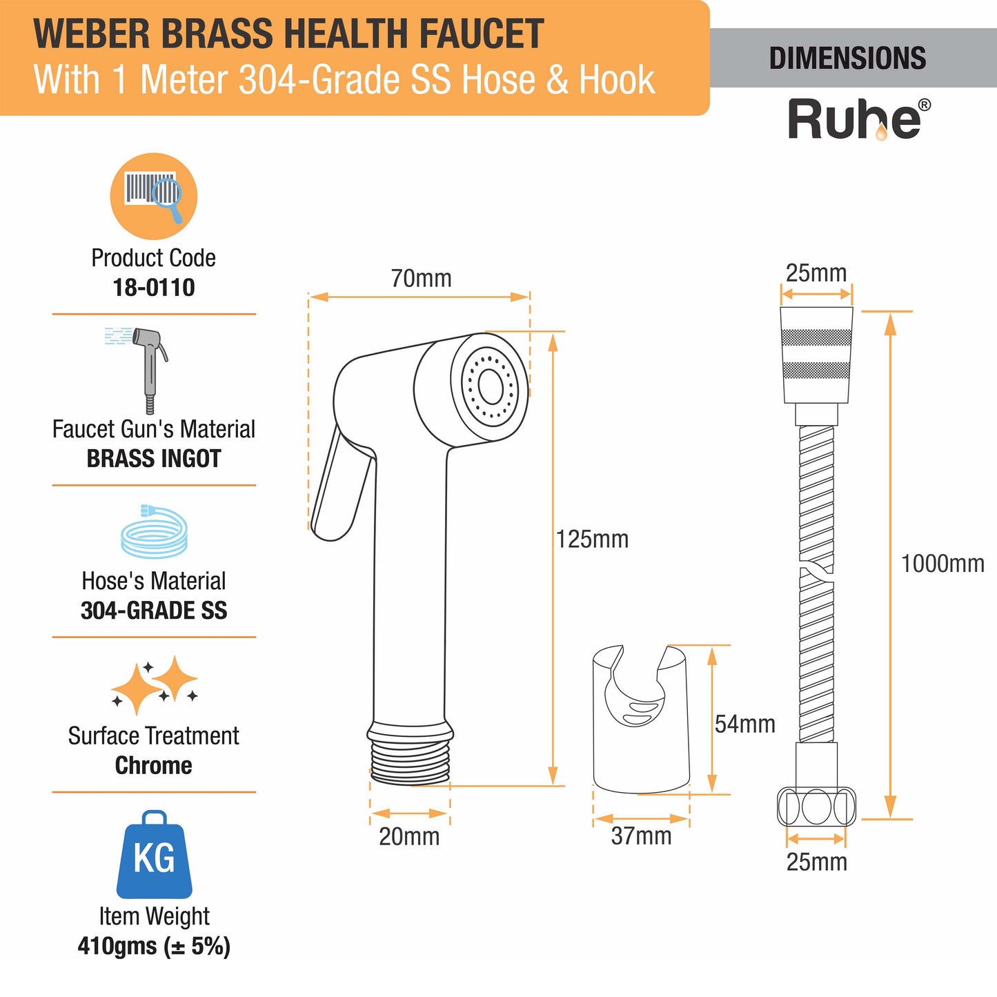 Weber Brass Health Faucet with 304-Grade SS Hose & Hook