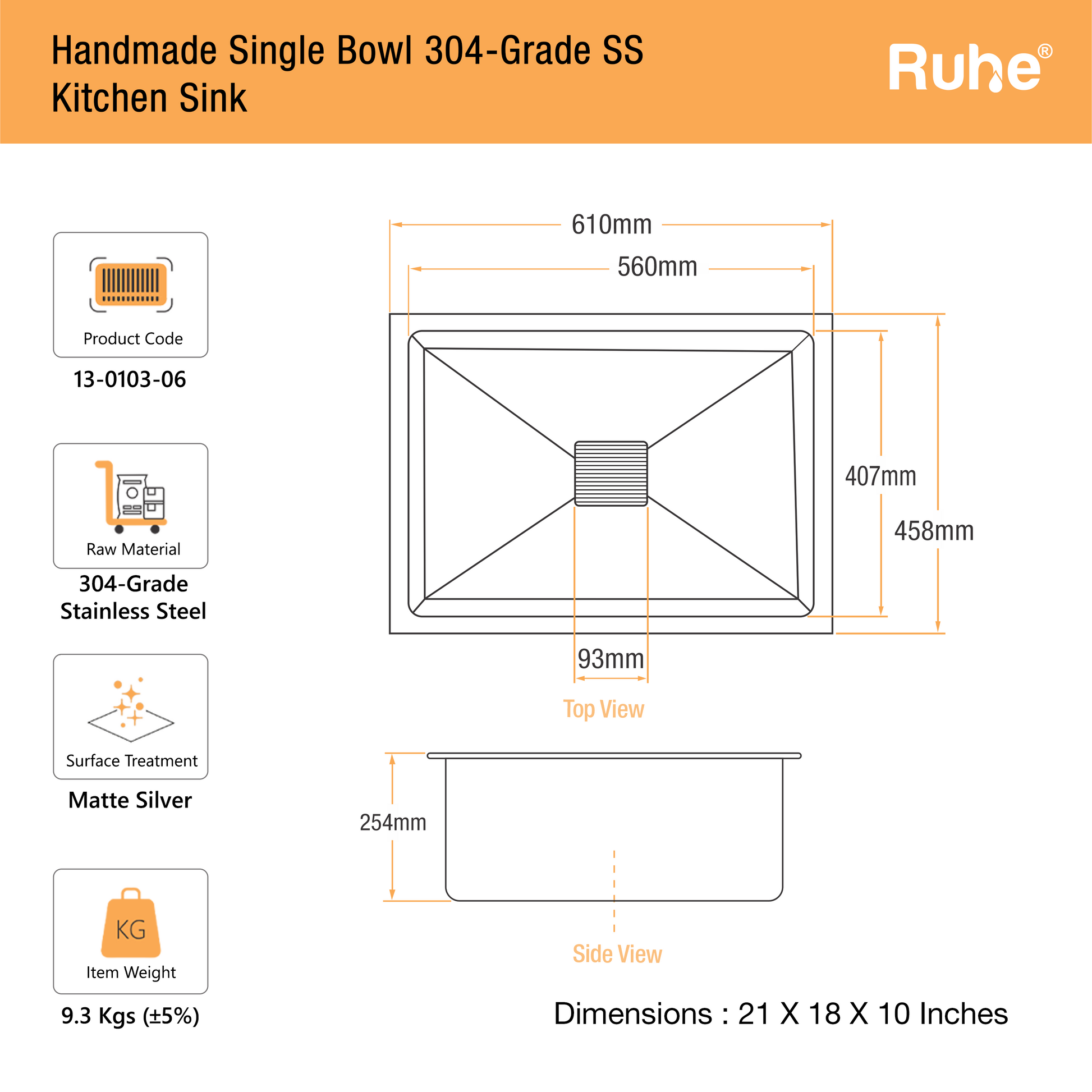Handmade Single Bowl Kitchen Sink (21 x 18 x 10 Inches) (Dimensions)