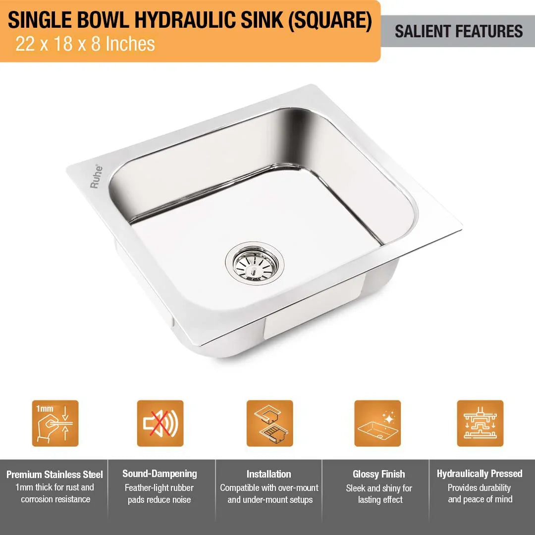Single Bowl Kitchen Sink (22 x 18 x 8 Inches)(Salient Features)