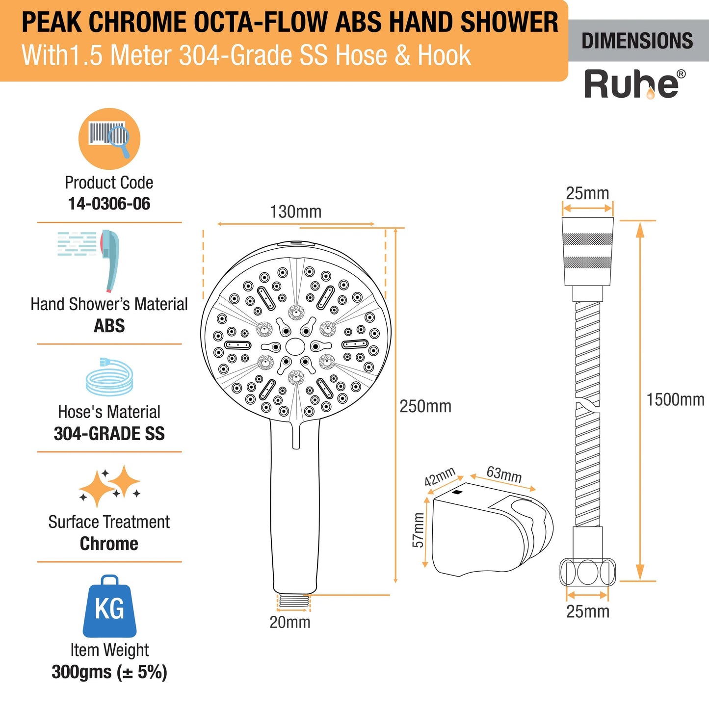 Peak Chrome Octa-Flow ABS Hand Shower with 1.5 Meter 304-grade SS Hose & Hook