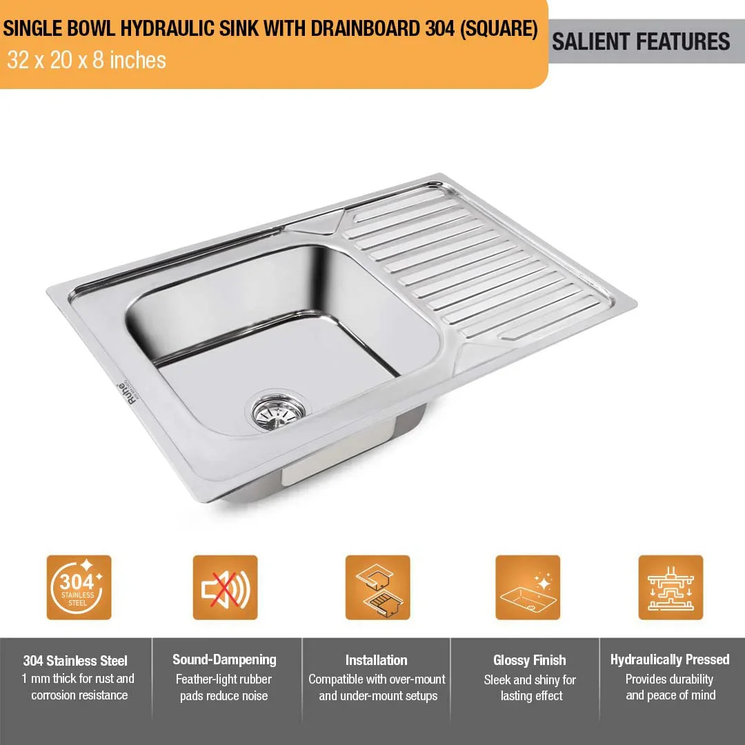 Single Bowl with Drainboard Kitchen Sink (32 x 20 x 8 Inches)(Salient Features)