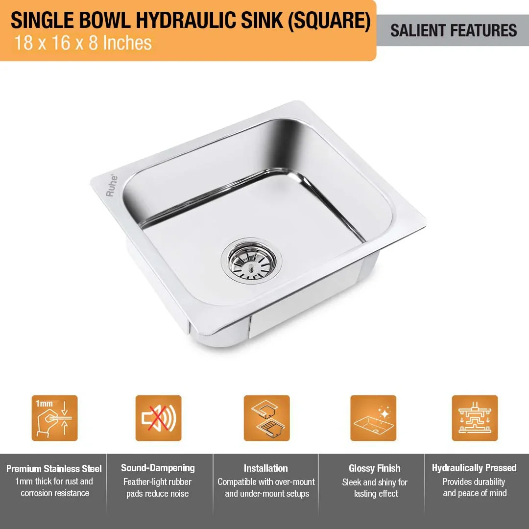 Single Bowl Kitchen Sink (18 x 16 x 8 Inches)(Salient Features)
