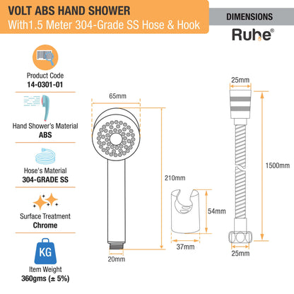 Volt ABS Hand Shower with 1.5 Meter 304-grade SS Hose & Hook