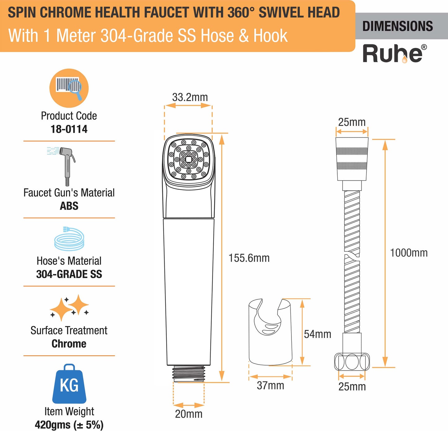 Spin Chrome Health Faucet with 360 Â° Swivel Head and 1 Meter 304-Grade SS Hose & Hook