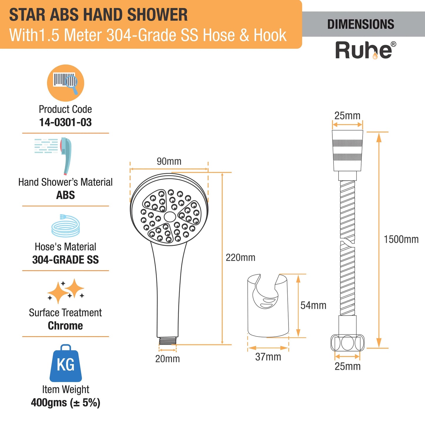 Star ABS Hand Shower with 1.5 Meter 304-grade SS Hose & Hook