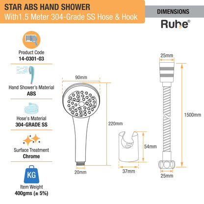 Star ABS Hand Shower with 1.5 Meter 304-grade SS Hose & Hook