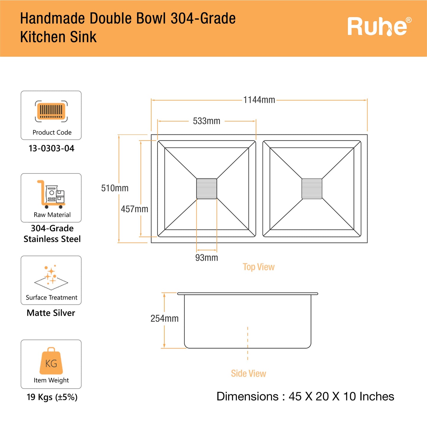 Handmade Double Bowl Kitchen Sink (45 x 20 x 10 Inches) (Dimensions)