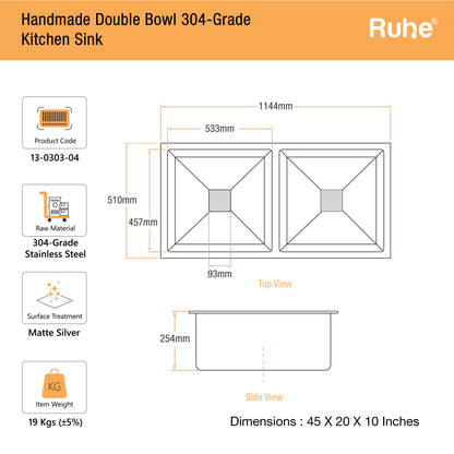 Handmade Double Bowl Kitchen Sink (45 x 20 x 10 Inches) (Dimensions)