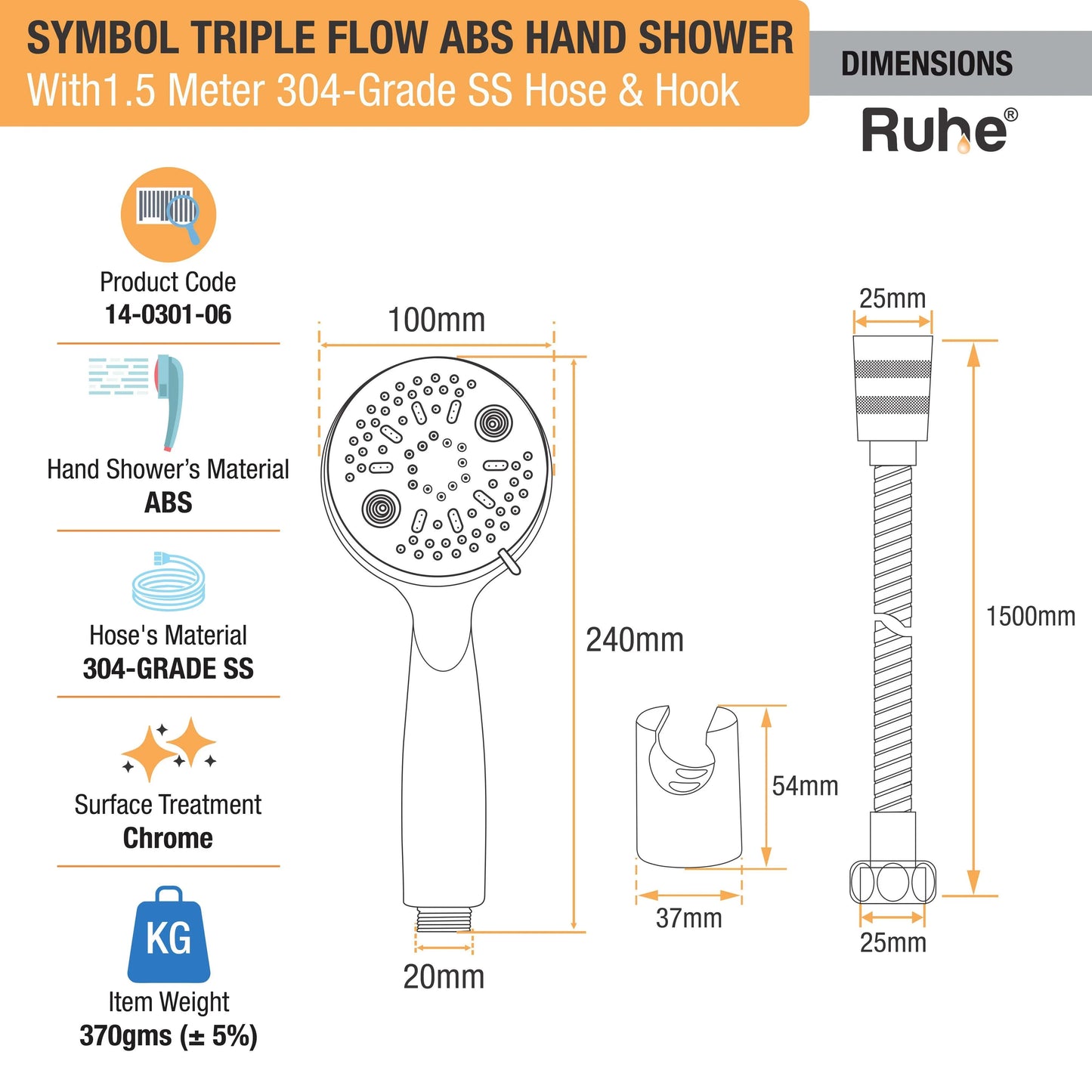 Symbol Triple Flow ABS Hand Shower with 1.5 Meter 304-grade SS Hose & Hook