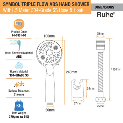 Symbol Triple Flow ABS Hand Shower with 1.5 Meter 304-grade SS Hose & Hook