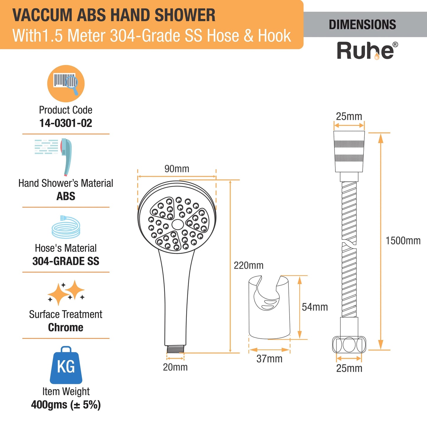 Vaccum ABS Hand Shower with 1.5 Meter 304-grade SS Hose & Hook