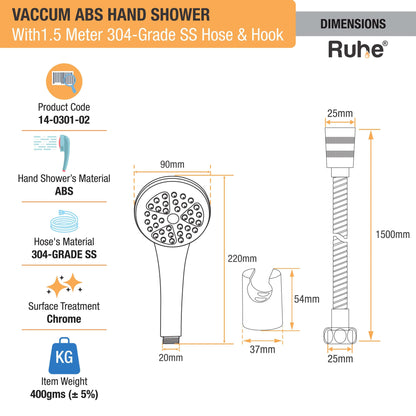 Vaccum ABS Hand Shower with 1.5 Meter 304-grade SS Hose & Hook